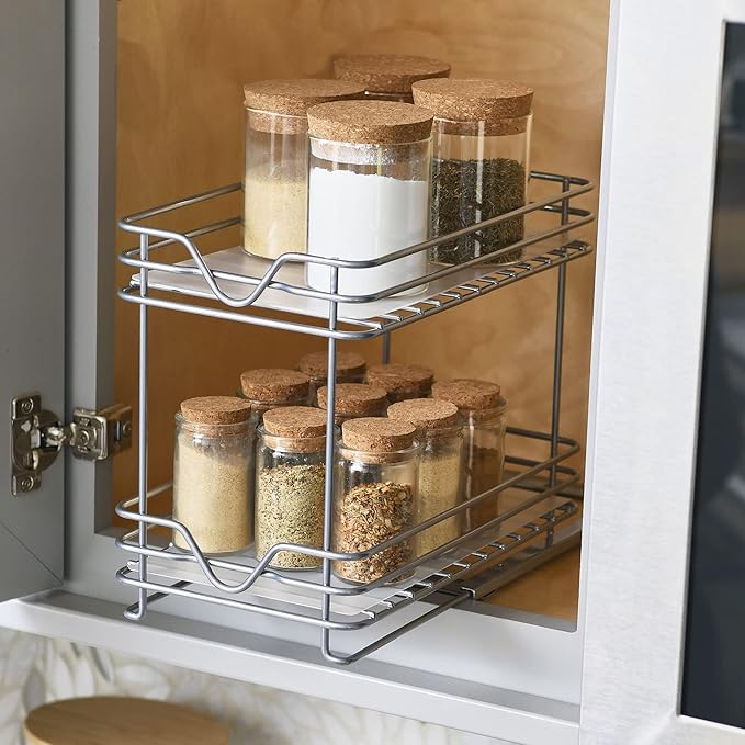 Household Essentials Glidez Paint-Finished Steel Pull-Out/Slide-Out Storage Organizer with Plastic Liner for Spice Rack Use - 2 -Tier Design - Fits Standard Size Cabinet or Shelf, Brushed Silver