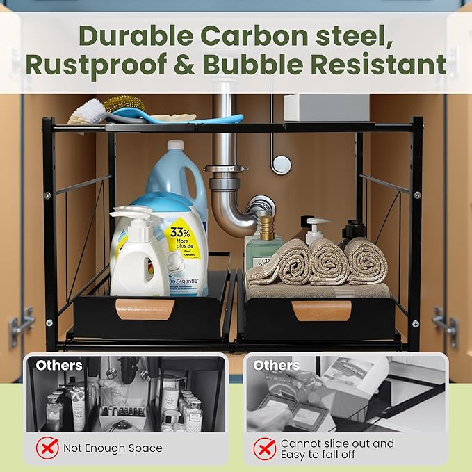Expandable Kitchen Under Sink Organizers and Storage - Rustproof Bathroom Organizers and Storage - 2 Tier Sliding Basket Drawers, Adjustable Width & Height Bathroom Cabinet Organizer