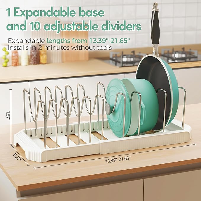 Pots and Pans Organizer for under Cabinet, Expandable Pan Pot Organizers inside Cabinet, Heavy Duty Pot Rack for kitchen organizers and storage Holder with 10 adjustable compartment White