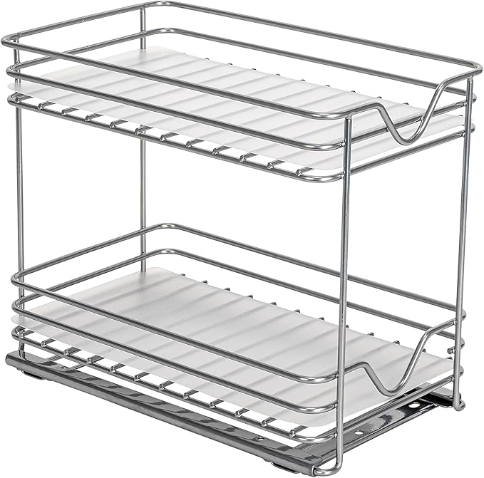 Household Essentials Glidez Paint-Finished Steel Pull-Out/Slide-Out Storage Organizer with Plastic Liner for Spice Rack Use - 2 -Tier Design - Fits Standard Size Cabinet or Shelf, Brushed Silver