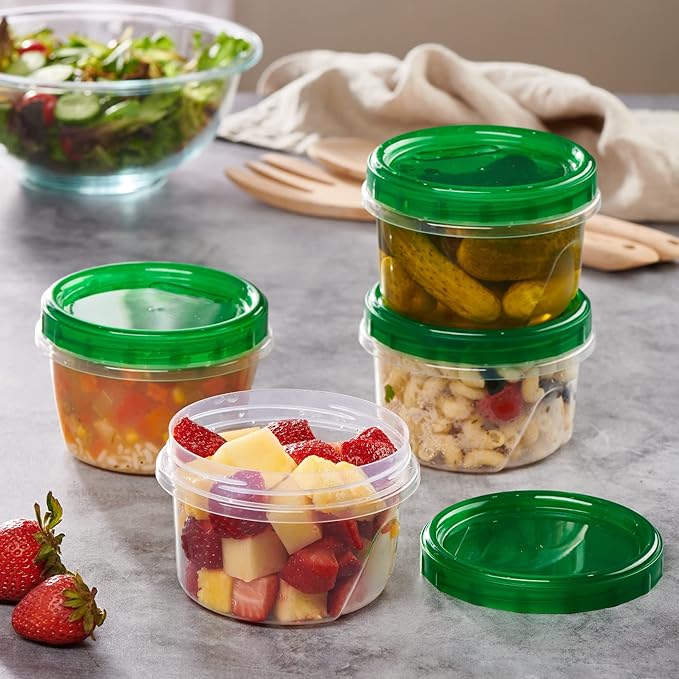 PLASTICPRO 12 Pack Twist Cap Food Storage Containers with Green Screw on Lid- 16 oz Reusable Meal Prep Containers - Freezer and Microwave Safe Green Plastic Food Storage