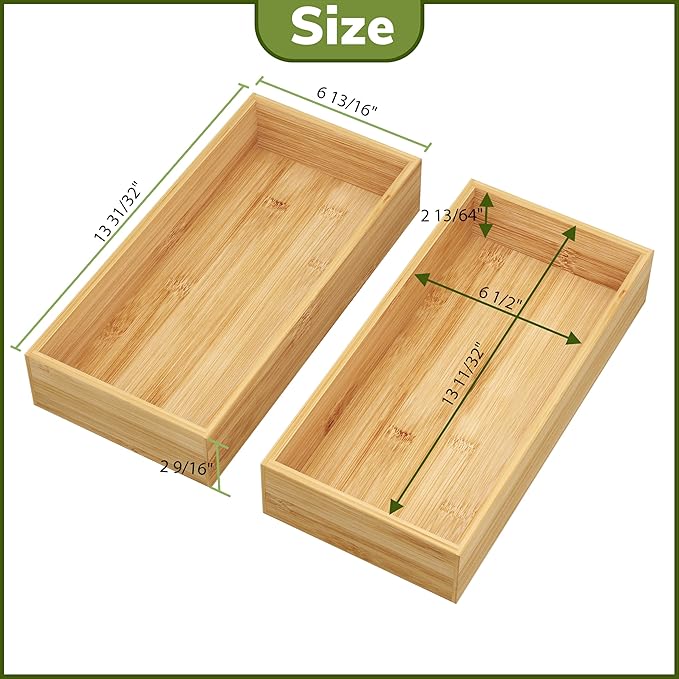 BAMEOS Deep Utensil Drawer Organizer, Bamboo Silverware Organizer for Kitchen Drawer Storage Flatware Junk Cutlery Jewelry 14"x 6.8" Set of 2 (Natural)