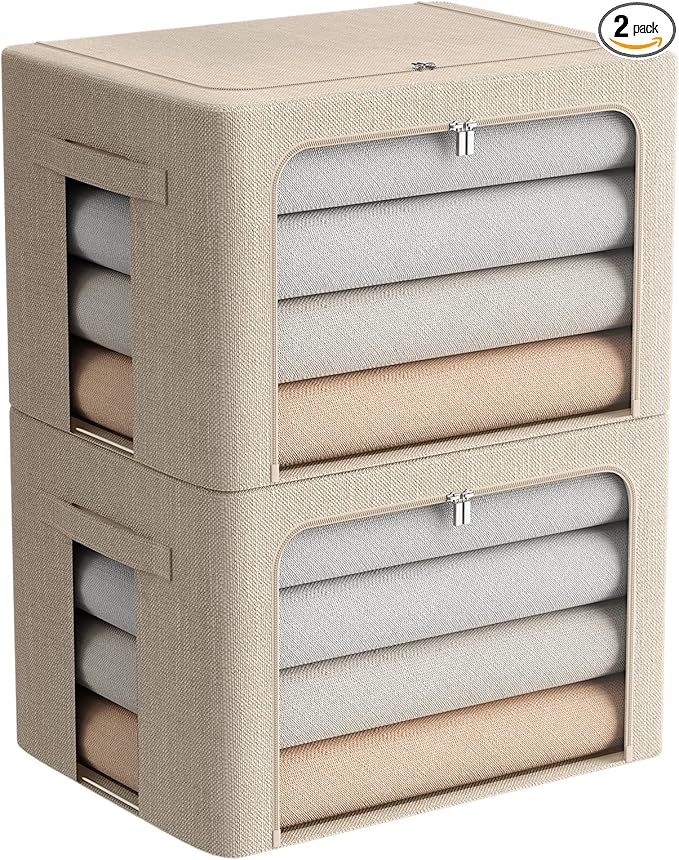 2 Pack Clear Window Storage Bins Large Foldable Fabric Storage Bins Boxes for Clothes Stackable Box Organizer Set with Carrying Handles (Beige, 19.7x 15.7x 12.5 Inch)