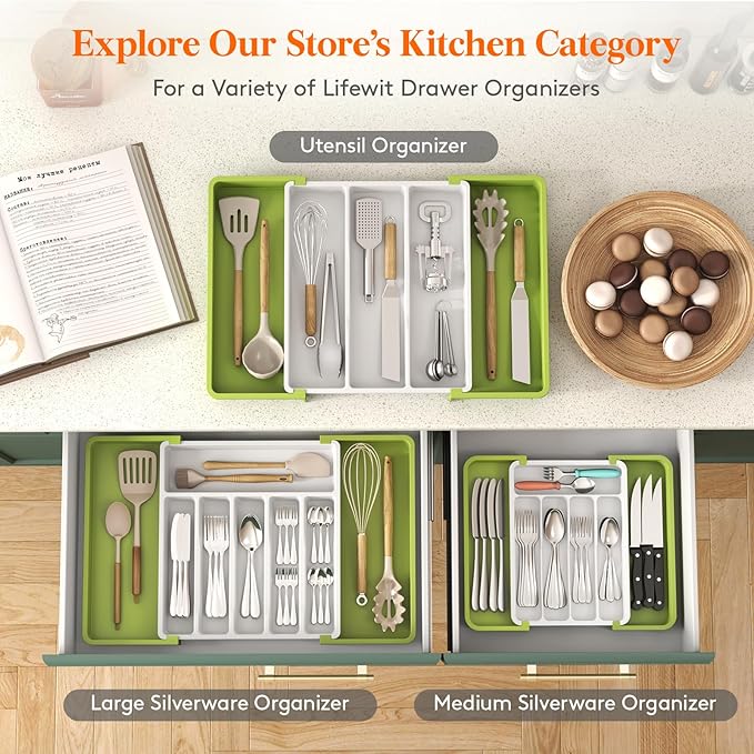 Lifewit Silverware Drawer Organizer, Expandable BPA Free Utensil Tray for Kitchen, Adjustable Flatware and Cutlery Holder for Spoons Forks Knives, Plastic Kitchen Organizers and Storage, Green&White