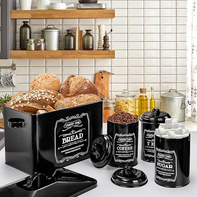 yarlung Metal Bread Box with 3 Kitchen Canisters Set, Large Black Farmhouse Bread Tin for Kitchen Countertop, Coffee Tea Sugar Canister with Lid for Pantry Organizer Home Storage