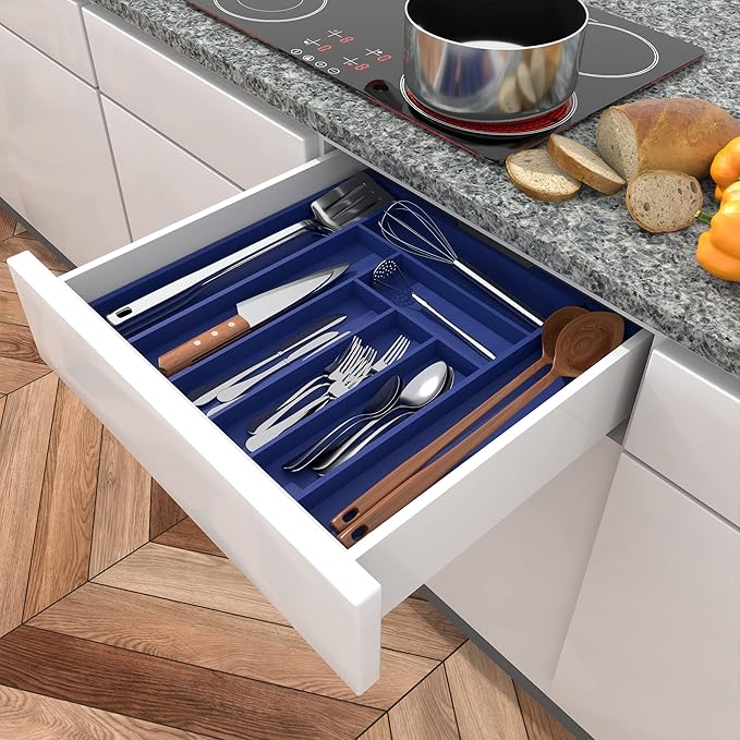 Utopia Kitchen Bamboo Silverware Drawer Organizer, Expandable Utensil Holder, 6-8 Slots, Blue