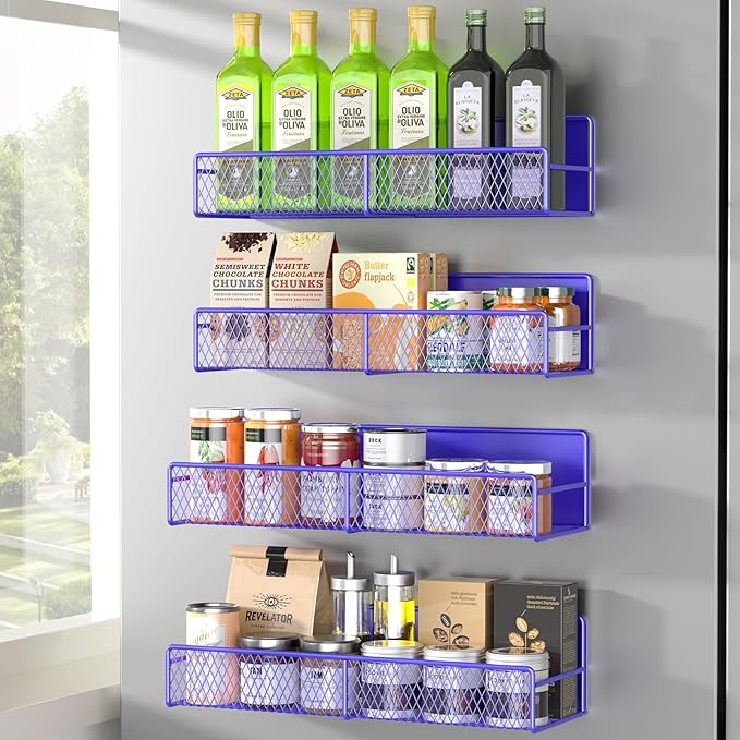 Magnetic Spice Rack for Refrigerator, 4 Pack Metal Magnetic Shelf, Super Magnetic Spice Organizer, Moveable Space Saving Shelf, Durable Home Kitchen Organization and Storage Racks, Purple Blue