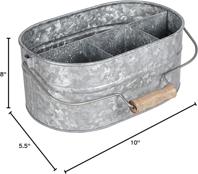 Alpha Living Home - Galvanized Metal Utensil Caddy – Rustic Farmhouse Organizer for Kitchen, Buffet & Outdoor Events, 13.5"x10"x5.5" with Removable Handle & Multi-Compartment Storage