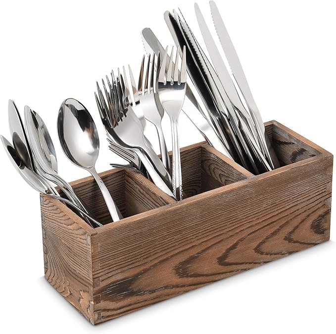 Wooden Silverware Organizer, 3 Spacious Compartments Cooking Spatula Holder, Silverware Storage Kitchen Utensil Flatware Caddy