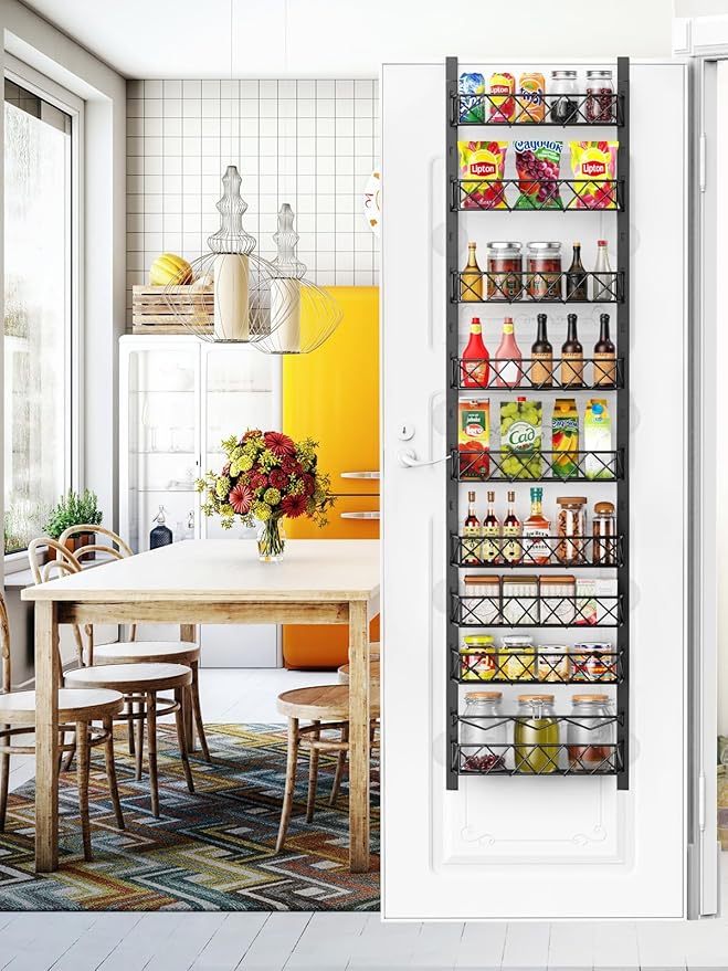 Over the Door Pantry Organizer, 9-Tier Pantry Door Organizer with Adjustable Basket, Metal Spice Rack Storage for Kitchen Pantry Black
