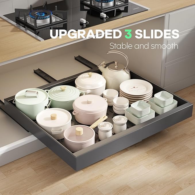 2 Pack Pull out Cabinet Organizer 21"Deep With Raising Pad for Framed Cabinets, Expandable Slide out Drawers for Kitchen Cabinets with 4pcs Divider Racks, Roll out Shelves 15.2"-26.3"W Black
