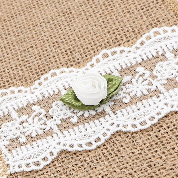 AOKQYA Wedding Utensil Holders - White Rose Lace Burlap Flatware Pouch for Cutlery Table Setting Set of 10 (Rose)