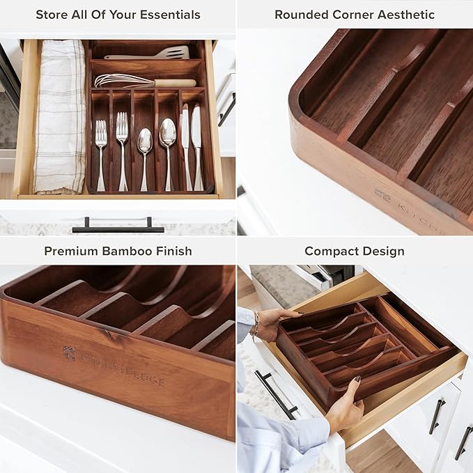 Silverware Organizer - Cutlery, Flatware, and Utensil Holder for Kitchen Drawers, Fixed 10.5” Width, 7 Storage Compartments, Non-Slip Feet, Rounded Corners, Acacia Wood