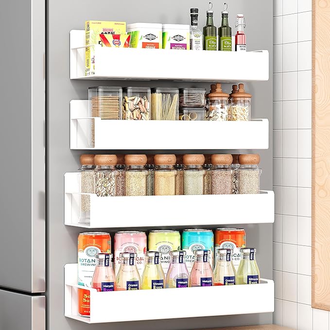 4 Pack Moveable Fridge Magnetic Spice Racks,Metal White