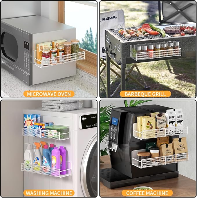 Magnetic Spice Rack for Refrigerator, 4 Pack Metal Magnetic Shelf, Super Magnetic Spice Organizer, Moveable Space Saving Shelves for Home, Durable Kitchen Organization and Storage Racks, White