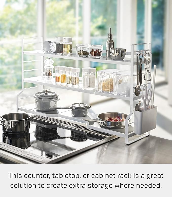 Yamazaki Home Sturdy, Standing Stovetop Kitchen Rack/Spice Shelves | Steel | Countertop Shelf, One Size, White