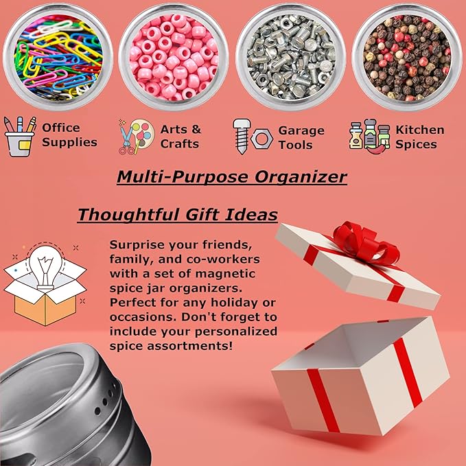 12-Piece Magnetic Spice Jar Set | Kitchen Essentials Seasoning Organizer | Durable Spice Tins with Sift-Pour Lids & Clear Viewing Window | Ideal for Kitchen Refrigerator & Cabinet Organization