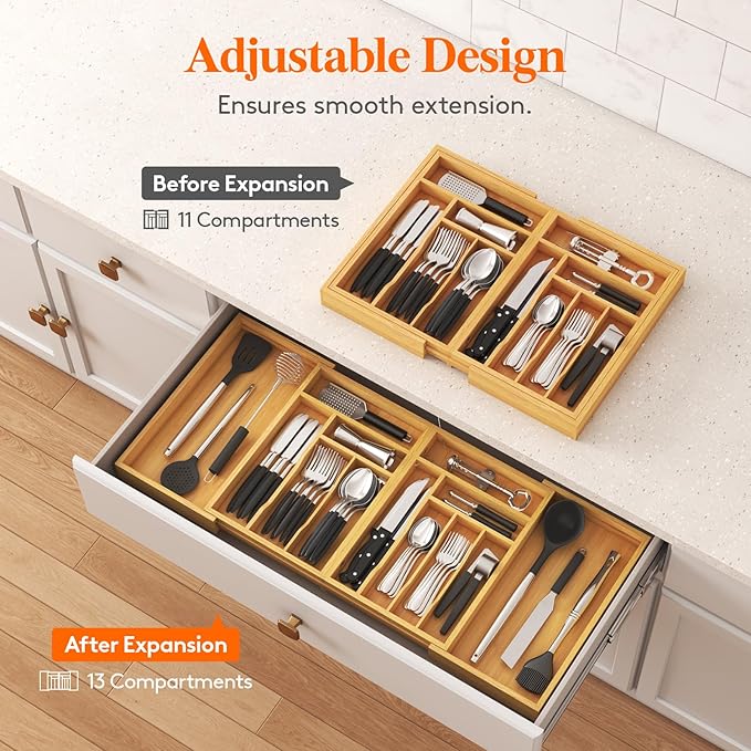 Lifewit Large Silverware Drawer Organizer, Expandable 21.4 to 36 Inches Wide, Bamboo Utensil Tray for Kitchen, Adjustable Flatware and Cutlery Holder for Spoons Forks Knives, 13 Compartments, Natural