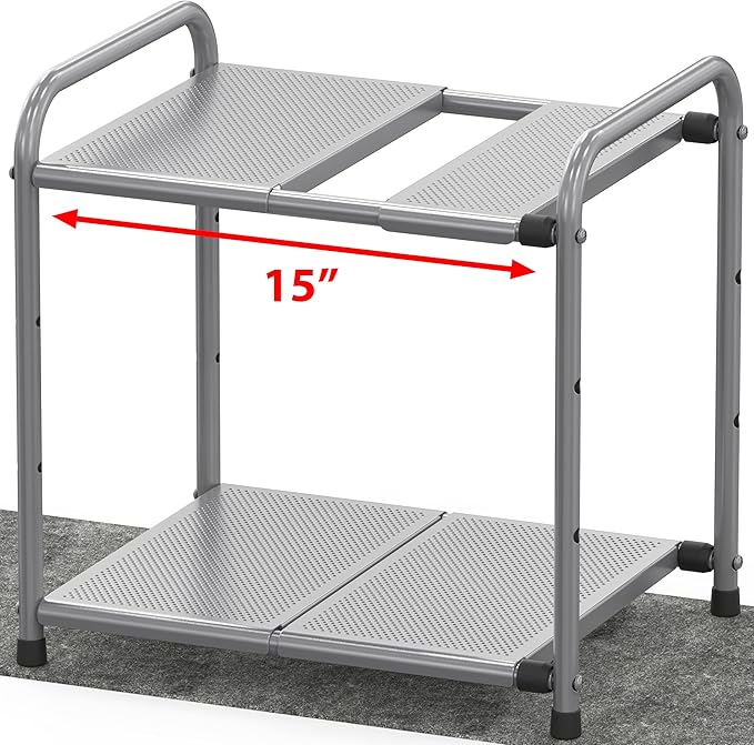 Simple Houseware Under Sink 2 Tier Expandable Heavy Duty Metal Shelf Organizer Rack, Silver (Expand from 15 to 25 inches)