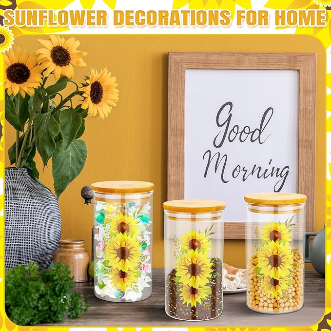 Layhit 3 Pcs Sunflower Glass Canister Set Clear Lemon Kitchen Storage Jars with Airtight Bamboo Lid for Coffee Bean Cookie Candy Tea Flour