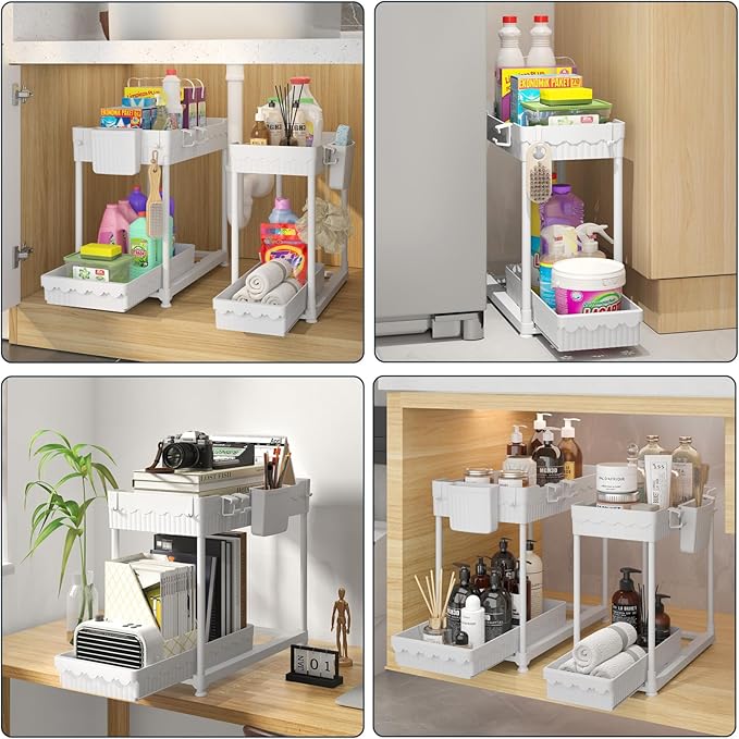 4-Pack Under Sink Organizer, 2-Tier Multi-Use Pull Out Kitchen Bathroom Organizers and Storage with Sliding Drawer, Cabinet Organizer with 2 Hanging Cups and Multi-type Hooks (White)