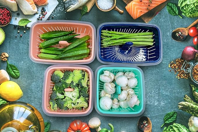 shopwithgreen 68oz Berry Keeper Fruit Storage Container for Fridge, Fresh Food Produce Saver Containers with Removable Drain Colanders, Vegetable Lettuce Keeper Bowl, Refrigerator Organizer, 2 Pack