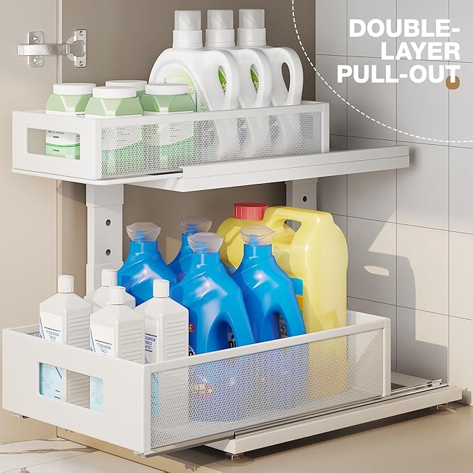1 Pack 15.74IN-Depth Under Sink Organizer with Next-Gen Ball-Bearing Slides,2-Tier Pull Out Cabinet Storage,Height Adjustable Drawer Shelf for Bathroom,Kitchen,Laundry,Cabinet,Pantry-White