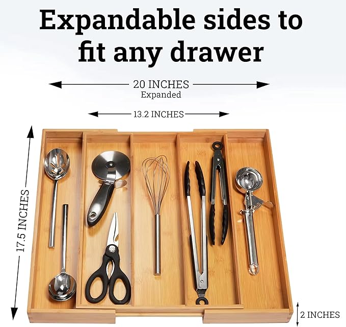 Bamboo Cutlery Drawer Organizer for Kitchen Utensils - Expandable Utensile Organzier with Drawer Dividers for Flatware, Silverware Knives in Kitchen, Bedroom, Living Room (5 Slots)