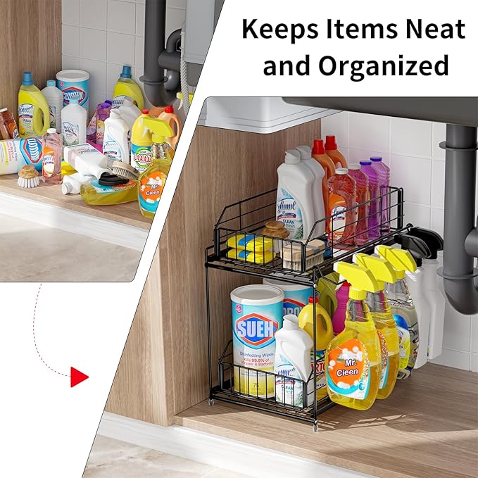 SUEH DESIGN Under Sink Organizers and Storage, 2 Tier Metal Under Sink Storage with Hanging Rail for Kitchen Bathroom Cabinet Organizer, 2 Pack