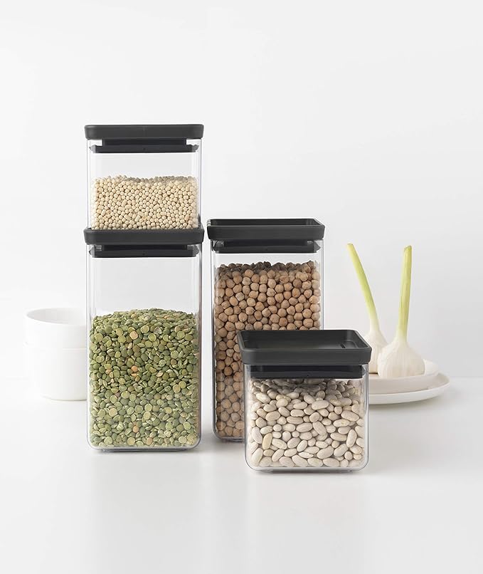 Brabantia Tasty+ 4pc Stackable Food Canisters Set (Dark Gray) 2x 0.7qt & 2x 1.7qt BPA-Free Space-Saving Jars with Silicone Seal Lids for Freshness