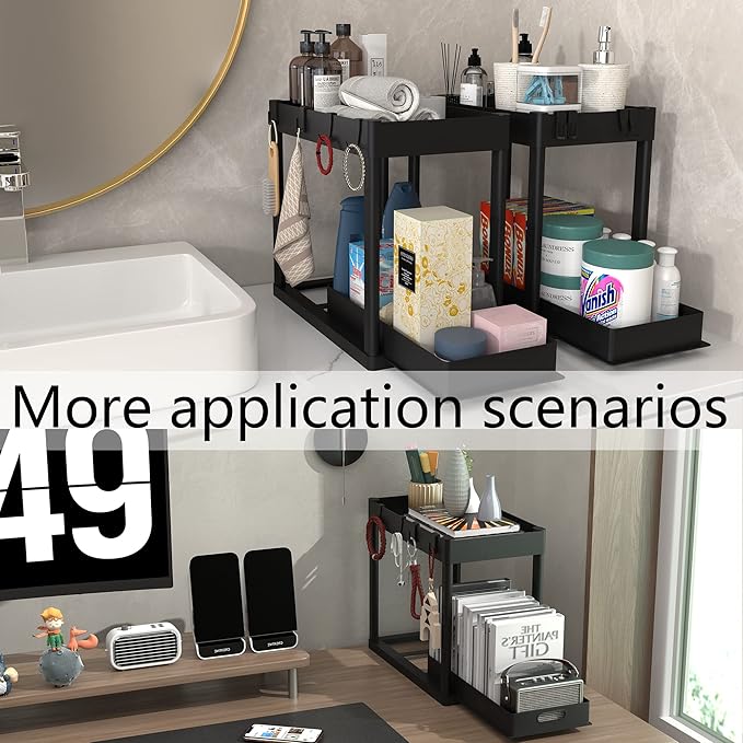 2PC Under Sink Organizer Rack 2 Tier Under Sliding Cabinet Basket Organizer Drawer with 4 Hooks, Multi-purpose Under Sink Storage for Bathroom Kitchen Desktop(Black)