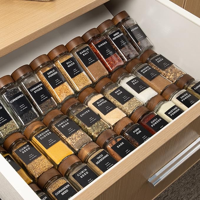 Yangbaga Glass Spice Jars with Labels: 34p 4oz Wide Mouth Square Bottle w/Pepper Grinder&Funnel - Airtight Wood Lid & Dishwasher Safe - Home Kitchen Pantry Daily Use - Gift for Newlyweds/Households