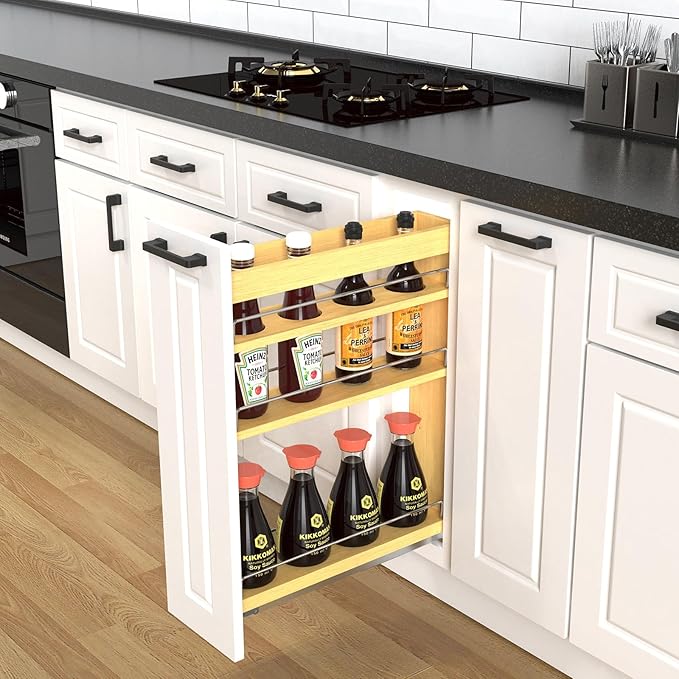Pull Out Cabinet Organizer 8" Soft-Close Wood Pullout Shelf Organizer for Utilities Kitchen and Bathroom Base Cabinets, Slide Out Spice Rack