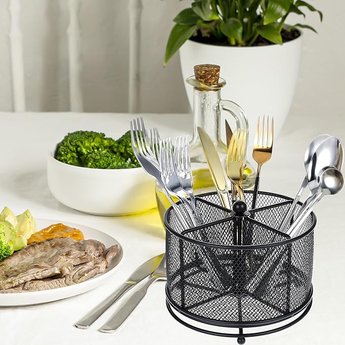 MAQUITA 360° Rotating Metal Utensil Caddy - 4 Compartment Silverware Cutlery Holder Rotation Fork Spoon Napkin Organizer Flatware Storage Basket Party Countertop Buffet Picnic Camping Outdoor Black