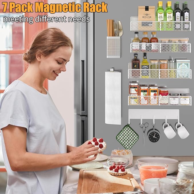 7 Pack Metal Spice Rack for Refrigerator, Moveable Organizer with Hook Rack, Paper Towel Holder, Strong Magnetic Storage