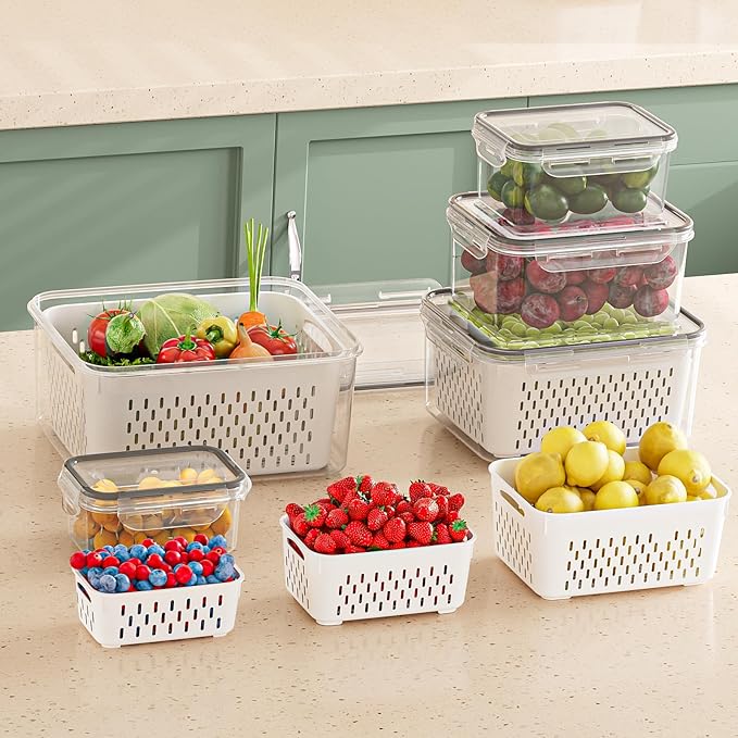 5 Pack Fruit Storage Containers for Fridge with Removable Colanders - Food Storage Containers with Lids, BPA-Free Produce Containers Keep Fruits, Vegetables, Berry, Meat Fresh Longer