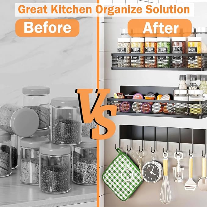 Magnetic Spice Rack for Refrigerator Organizers, 3 Tier Magnetic Shelf with Towel Rack, Square Storage Basket & Two Sticky Hooks, Kitchen Organizers