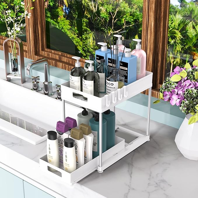 Under Sink Organizers and Storage, 2 Pack Large Capacity Heavy Load Double Pull-out Under Sink Shelves with Sliding Drawer for Kitchen and Bathroom, White