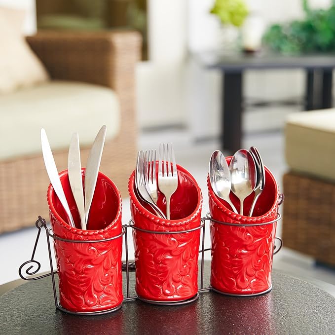 Kitchen Flatware Caddy - 3 Ceramic Utensil Holders (4" Dia x 7" H each) & 1 Wire Caddy - Red