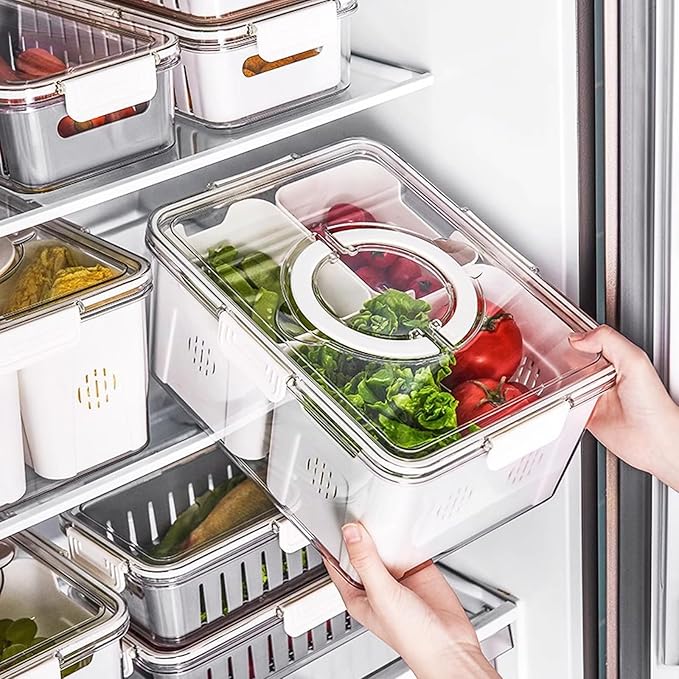 Refrigerator Organizer With Lids (3 Compartments), Fridge Storage Containers, Clear Organizers, Stackable With Lid