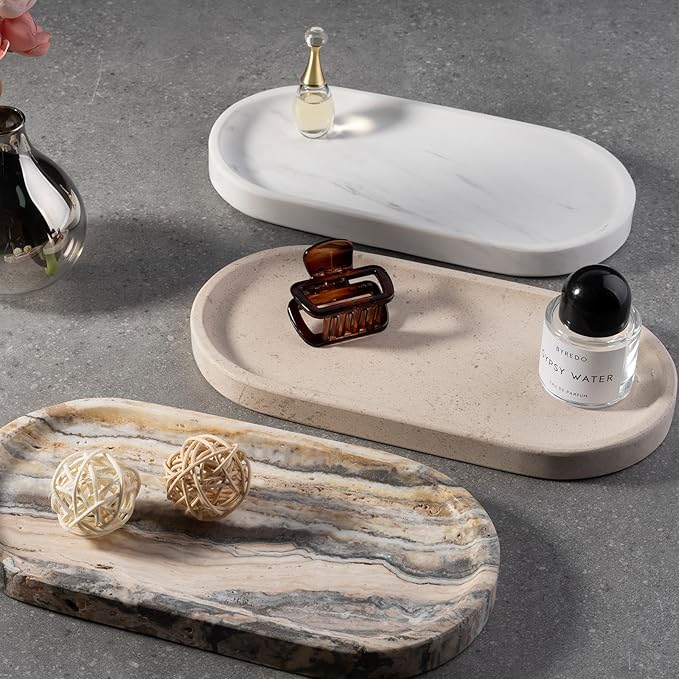 Koville 10"x5" Marble Vanity Tray for Bathroom Kitchen Countertop, Natural Marble Trays for Home Decor, Perfume Organizer Jewelry Dish, Stone Tray for Dresser, Decorative Candles Trays