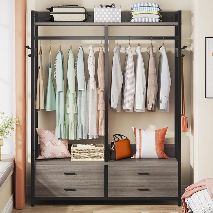 Tribesigns Freestanding Closet Organizer for Hanging Clothes, Heavy Duty Garment Rack with 4 Drawers, 8 Hooks and Storage Shelves, Wardrobe Closet Clothing Rack for Bedroom, Living Room, Grey