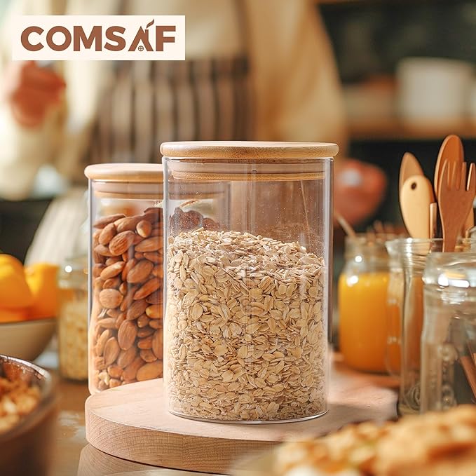 ComSaf Glass Food Storage Jars Set of 6, Clear Glass Storage Containers with Lids, Canisters Sets for the kitchen, Spaghetti, Pasta, Flour, Nuts, Oat, Coffee and Sugar Container, Pantry Organization