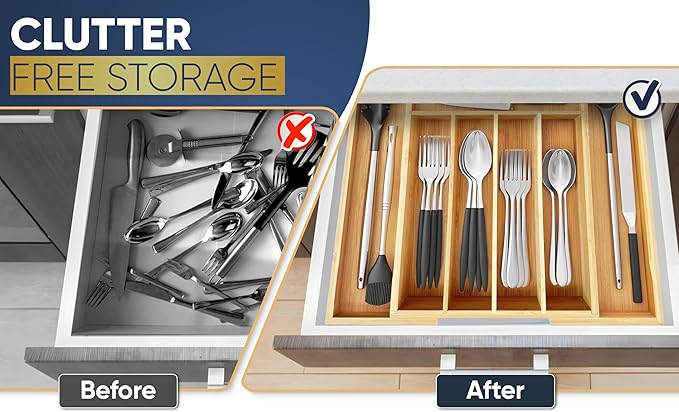 Expandable Bamboo Silverware Organizer Utensil Drawer Organizer Kitchen Utensil Organizer Cutlery Drawer Organizer 5-7 Slot Flatware Organizer For Drawers With Gift Box