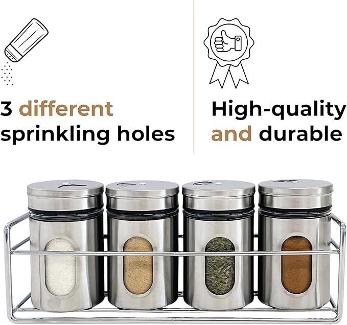 4 Pcs Stainless Steel Spice Seasoning Container Jars with Storage Rack, Perfect for Storing Spices, Salt, Pepper, Sugar and Dry Ingredients (Silver)