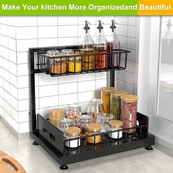 Under Sink Organizer,Pull Out Cabinet Organizer 2 Tier Slide Out Sink Shelf Cabinet Organizer and Storage,L Shaped Under Counter Organizers for Under Kitchen Bathroom Organization