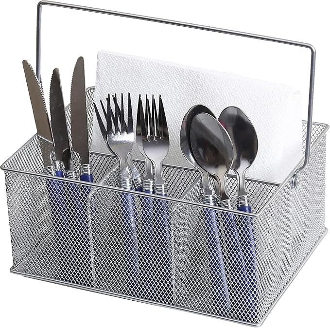 YBM HOME Mesh Silver Condiment Caddy/Kitchen Supply, Utensil, Silverware Organizer Cutlery Holder Flatware Storage Napkin Holder (Silver, 24)