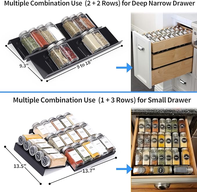 MIUKAA Black Spice Drawer Organizer, 4 Tier- 8 Pack Acrylic Drawer Seasoning Organizer, Expandable From 9'' to 18''Kitchen Spice Rack Tray for Drawer/Countertop (Jars not included)