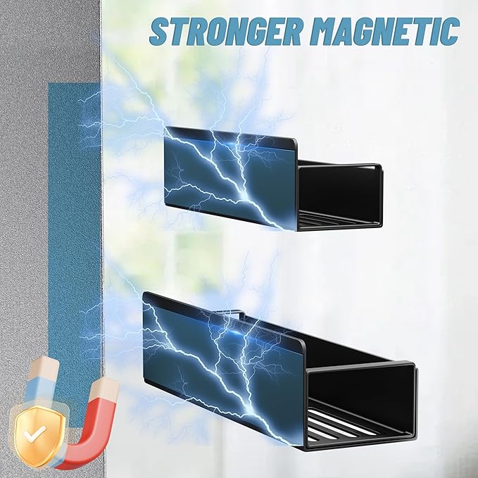 2 Pack Magnetic Spice Rack for Refrigerator, Black Magnetic Shelf for Kitchen Organizer and Storage, Mini Organizers for Oven and Fridge with 2 Hooks