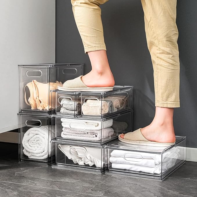 Mano Stackable Fridge Drawers Pull Out Bins with Handle Clear Refrigerator Drawers Organizer Food Storage Container Box with Dividers Plastic Produce Saver for Pantry, Cabinet, Kitchen, Clothes(7Pack)